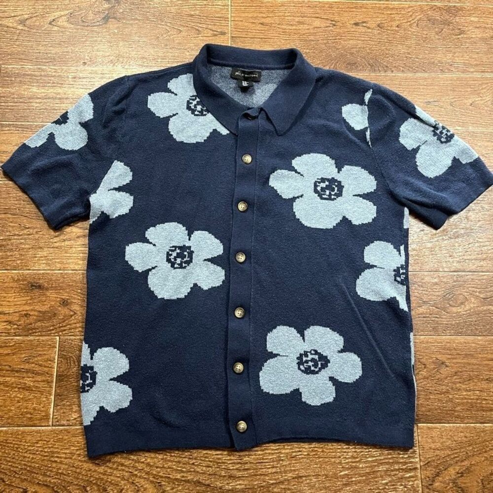 Floral Knit Button Up Sweater Mens Medium Navy Gray Art of Rhetoric Cardigan